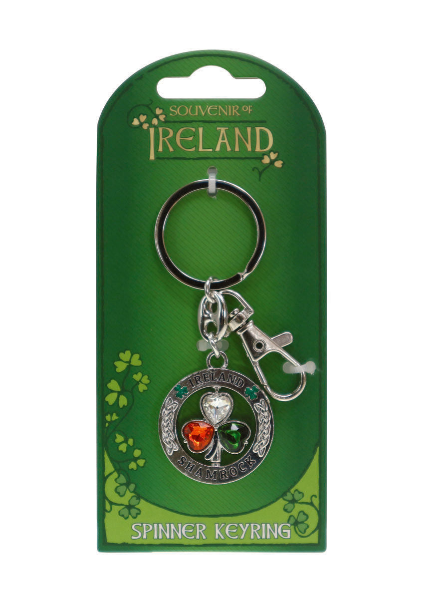 Crystal Tri Shamrock Spinner Keyring - Irish keyrings