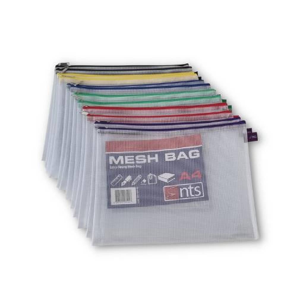 A4 Mesh Bag - Extra Strong with Zipper - Pack of 12 Assorted Colours