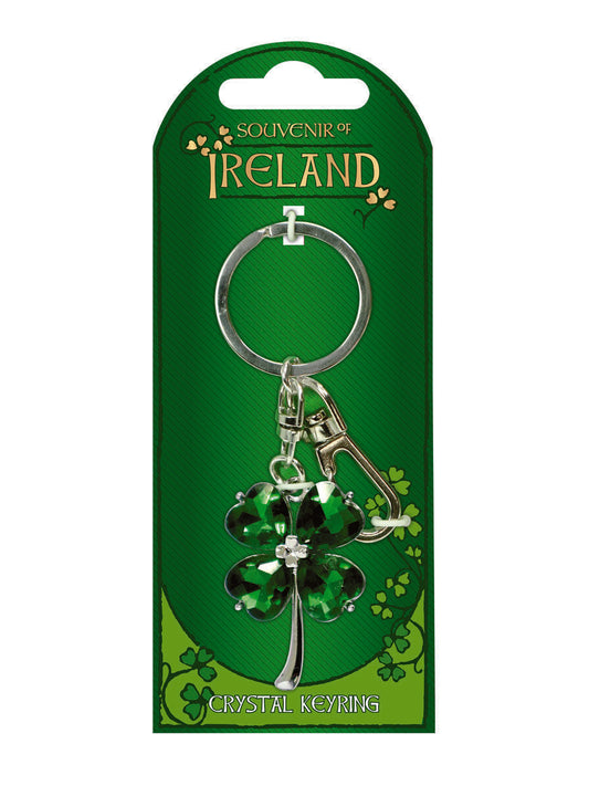 Green Crystal Silver Shamrock On Card - Irish keyrings