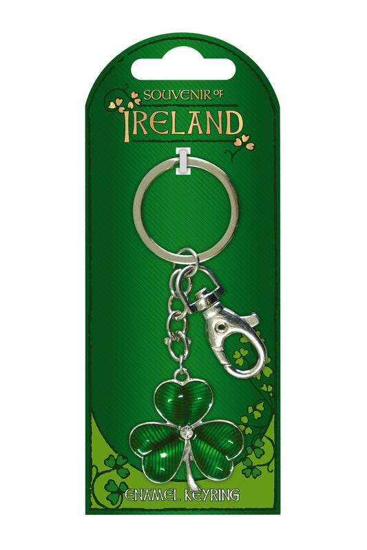Green Enamel Silver Shamrock Keyring - Irish keyrings