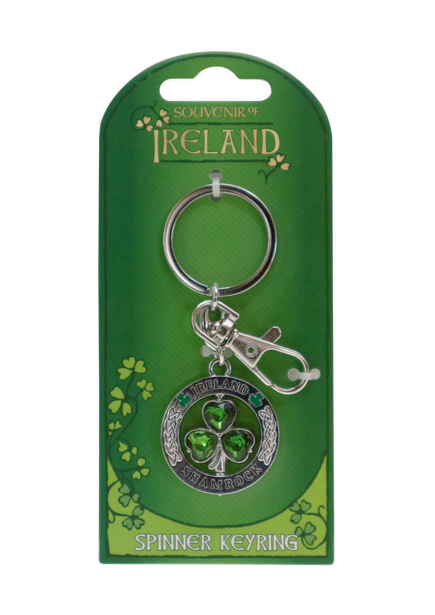 Crystal Green Shamrock Spinner Keyring - Irish keyrings
