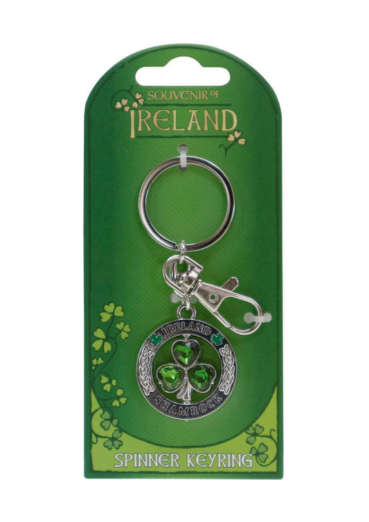 Crystal Green Shamrock Spinner Keyring - Irish keyrings