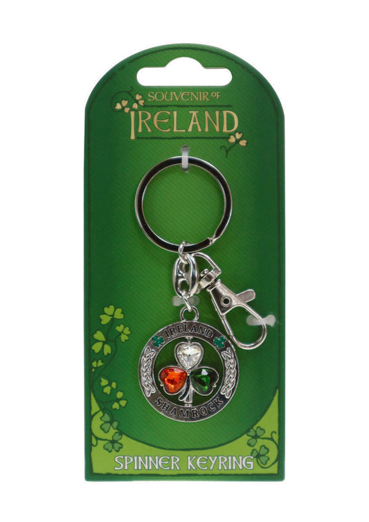 Crystal Tri Shamrock Spinner Keyring - Irish keyrings
