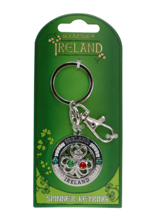 Crystal Tricolour Shamrock Flat Spinner - Irish keyrings