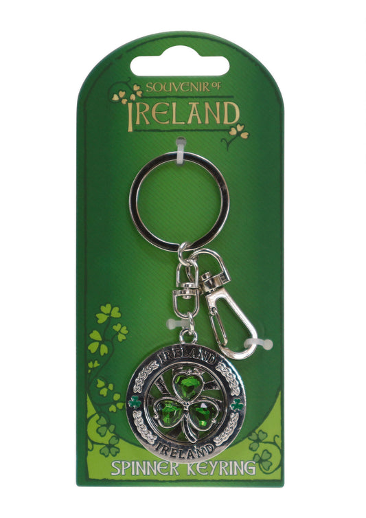 Crystal Green Shamrock Flat Spinner - Irish keyrings