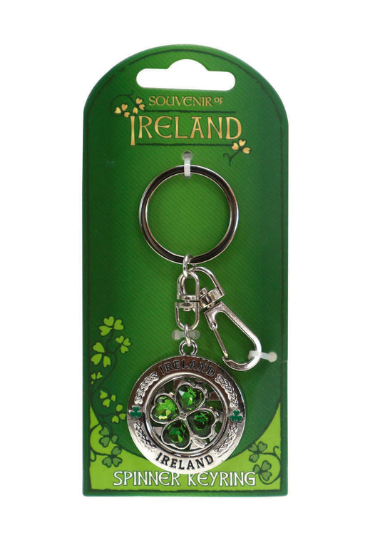 Crystal Green Clover Spinning Keyring - Irish keyrings