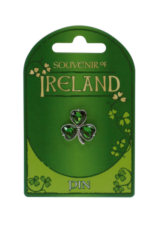 Crystal Green Shamrock Pin - Irish pins & badges