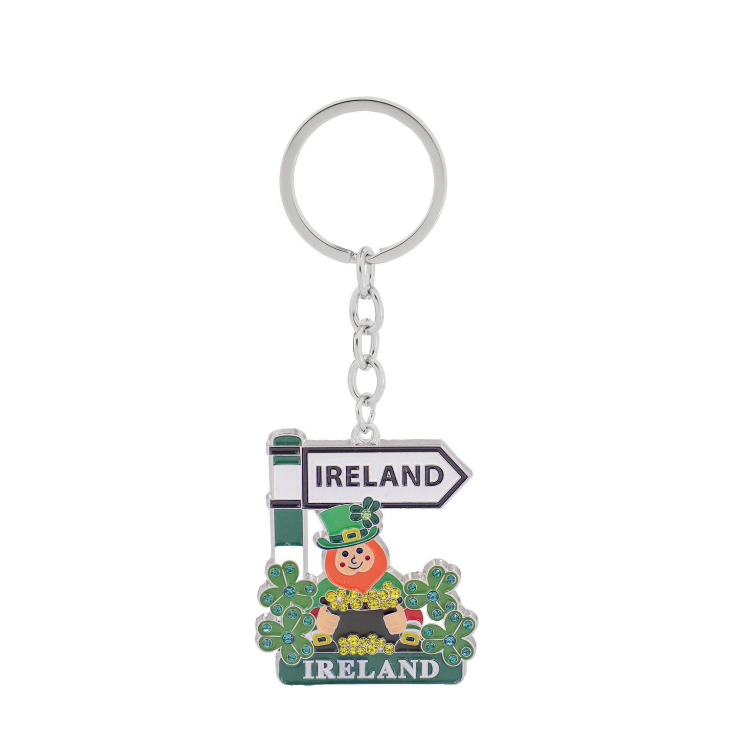 Crystal Leprechaun Signpost Keyring - Irish keyrings