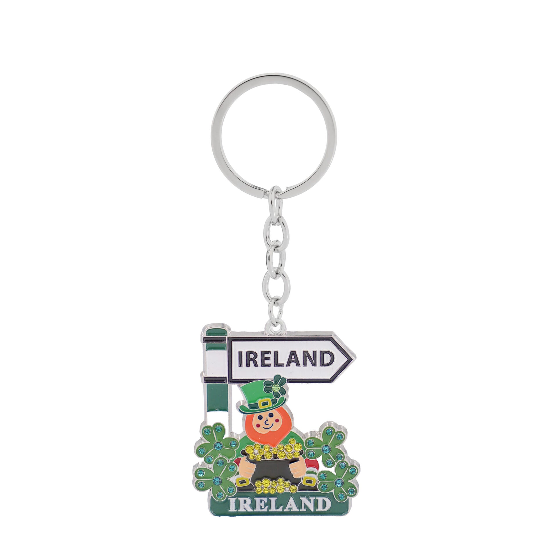 Crystal Leprechaun Signpost Keyring - Irish keyrings