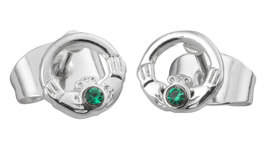Silver mini claddagh earrings w/green - Irish jewellery