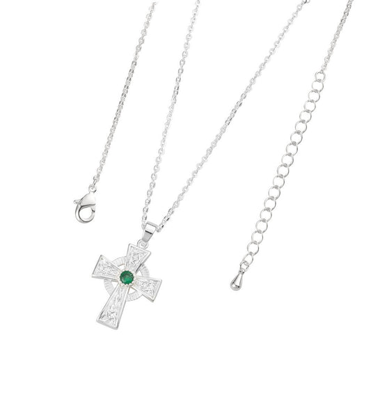 Silver Celtic Cross W/Green Centre - Irish jewellery