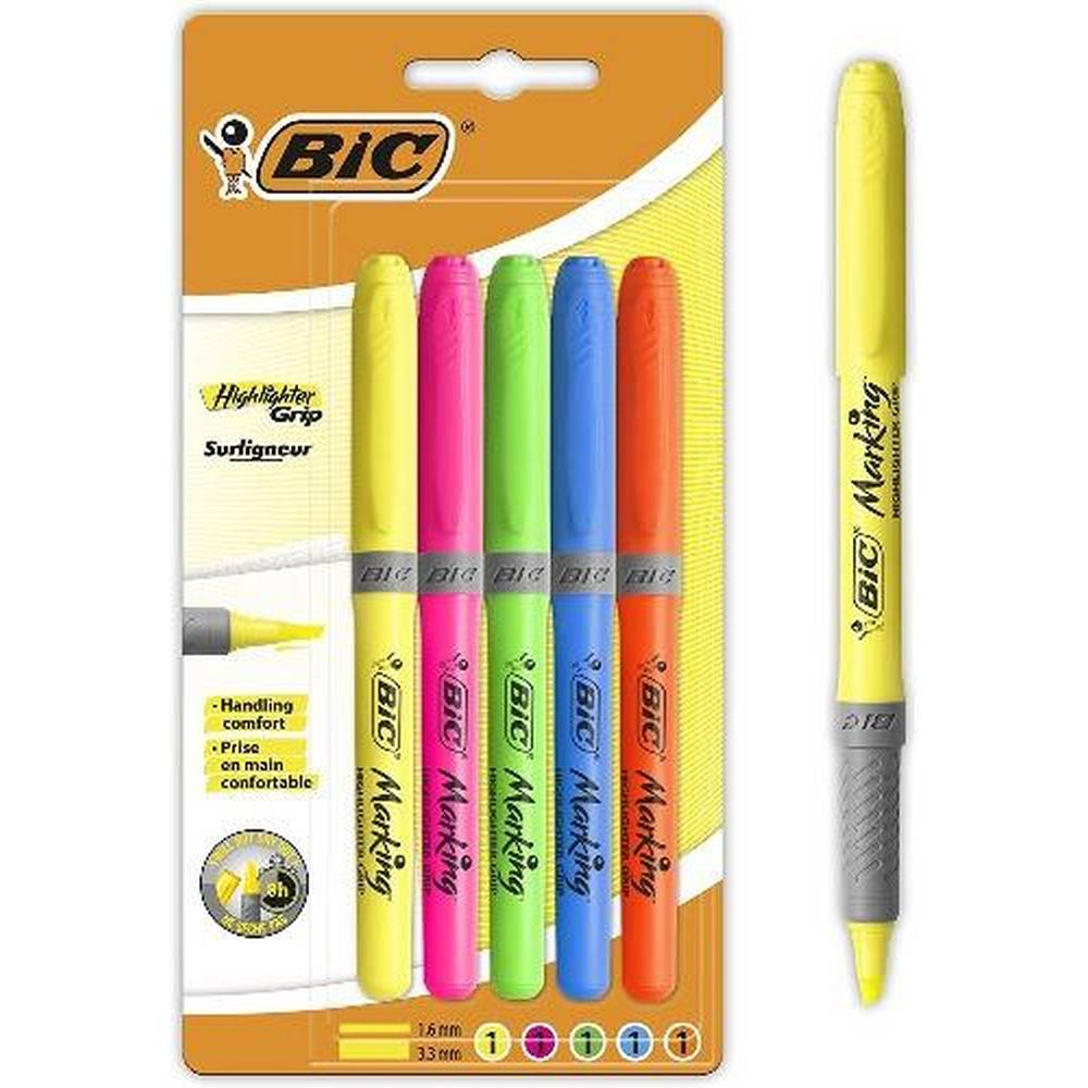 BIC - Card 5 Assorted 3.4mm Grip Highlighter Pens