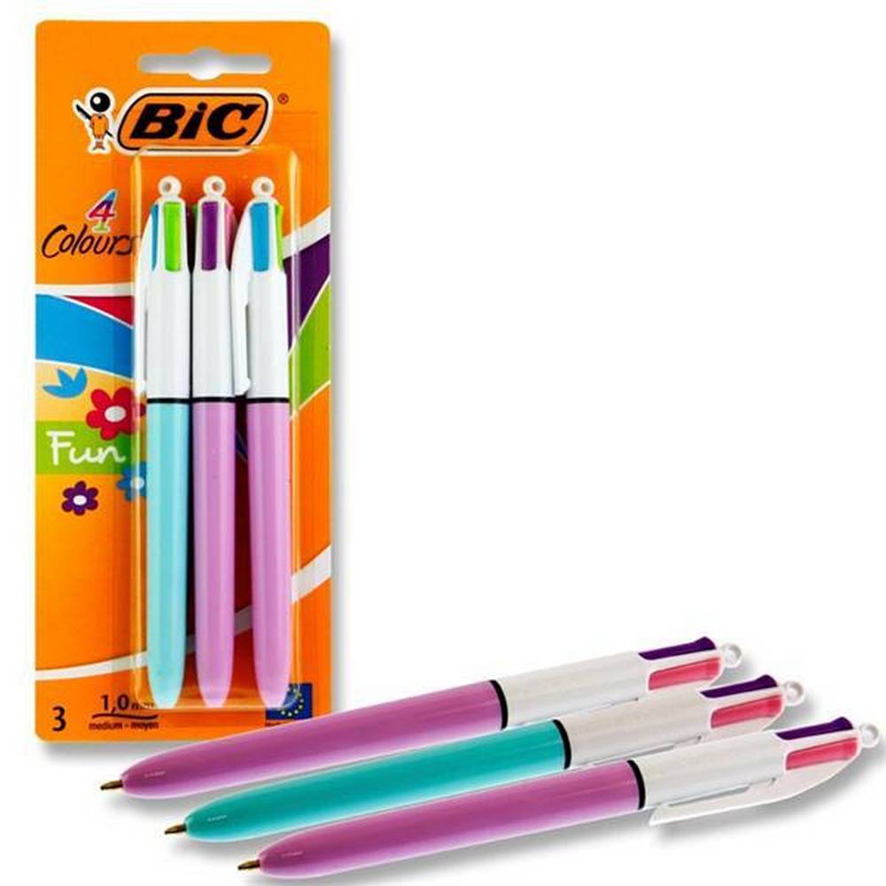 BIC - Card of 3 X 4 Colour Ballpoint Pens - Fun