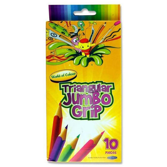 10 Triangular Jumbo Grip Colouring Pencils & Sharpener