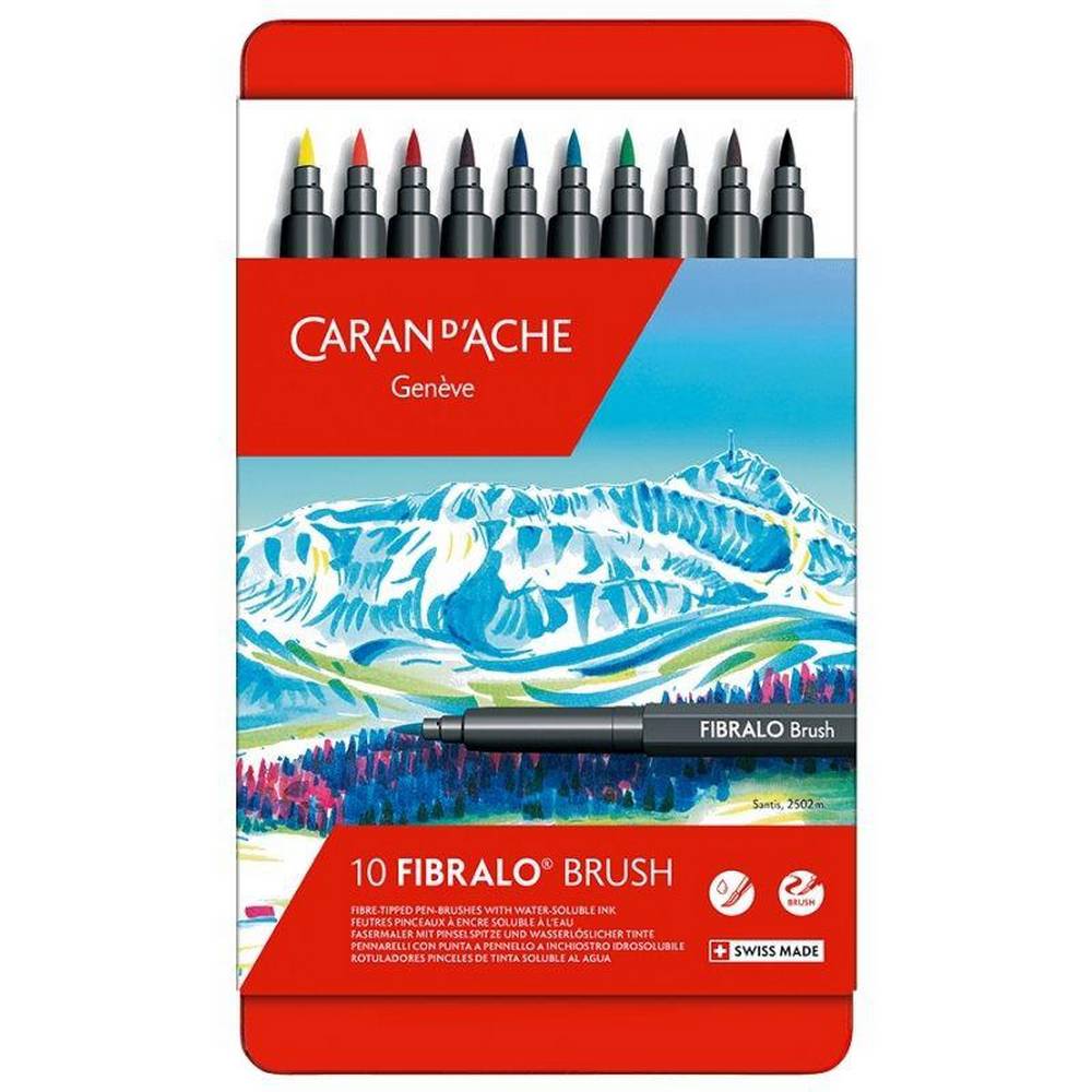 Caran d'Ache - Fibralo Brush Pens - Metal Tin with 10 Assorted Colours