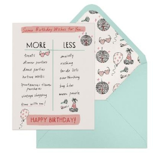 Picture of 6-Pack Em & Friends Julia Rothman Birthday More/Less Greeting Cards